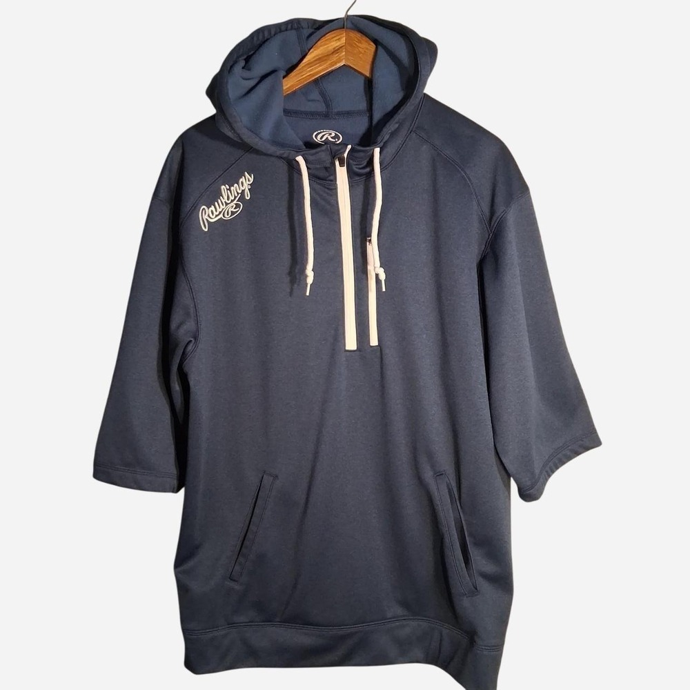 Mens Rawlings navy blue hoodie short sleeve with white drawstrings and logo